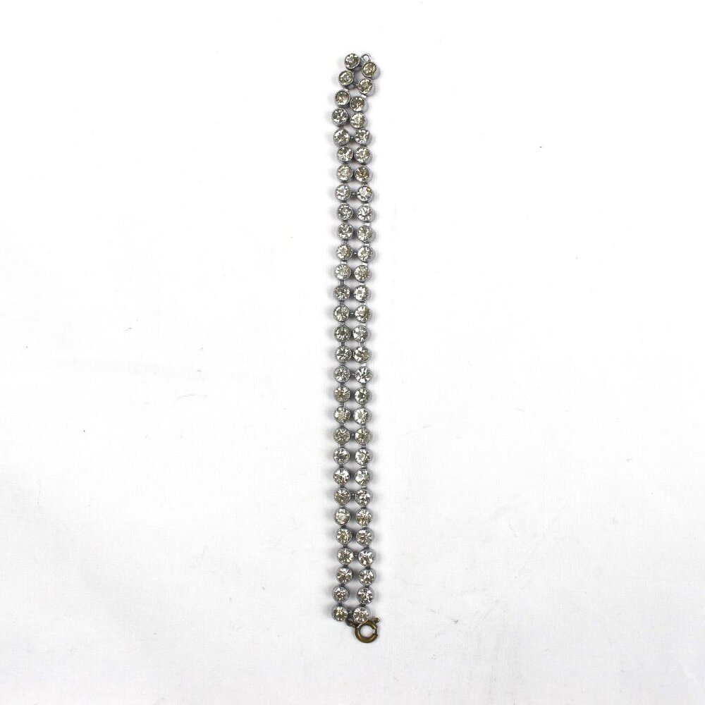 Vintage Czech Double Row Silver Tone Clear Rhinestones Tennis Bracelet VTG
